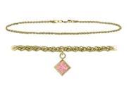 10K Yellow Gold 9 Inch Wheat Anklet with Created Tourmaline Square Charm