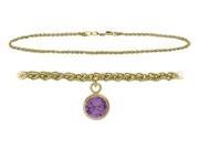 14K Yellow Gold 9 Inch Wheat Anklet with Genuine Amethyst Round Charm