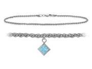 Genuine Sterling Silver 10 Inch Wheat Anklet with Created Aquamarine Square Charm
