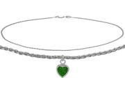 Genuine Sterling Silver 10 Inch Wheat Anklet with Created Emerald Heart Charm