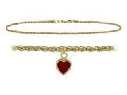 14K Yellow Gold 9 Inch Wheat Anklet with Genuine Garnet Heart Charm