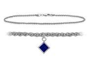14K White Gold 9 Inch Wheat Anklet with Created Sapphire Square Charm
