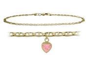 14K Yellow Gold 9 Inch Mariner Anklet with Created Tourmaline Heart Charm
