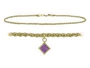 14K Yellow Gold 9 Inch Wheat Anklet with Genuine Amethyst Square Charm