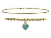 14K Yellow Gold 10 Inch Wheat Anklet with Genuine Blue Topaz Heart Charm
