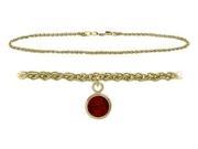 14K Yellow Gold 9 Inch Wheat Anklet with Genuine Garnet Round Charm