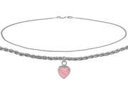 14K White Gold 9 Inch Wheat Anklet with Created Tourmaline Heart Charm