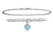 Genuine Sterling Silver 10 Inch Mariner Anklet with Created Aquamarine Heart Charm