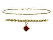 14K Yellow Gold 10 Inch Wheat Anklet with Genuine Garnet Square Charm