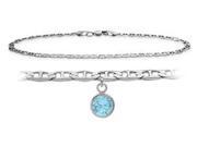 14K White Gold 9 Inch Mariner Anklet with Created Aquamarine Round Charm