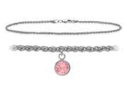 14K White Gold 9 Inch Wheat Anklet with Created Tourmaline Round Charm