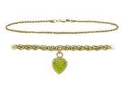14K Yellow Gold 10 Inch Wheat Anklet with Genuine Peridot Heart Charm