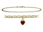 14K Yellow Gold 10 Inch Mariner Anklet with Genuine Garnet Heart Charm