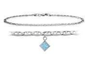 14K White Gold 10 Inch Mariner Anklet with Created Aquamarine Square Charm