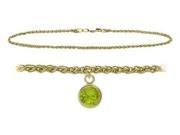 10K Yellow Gold 9 Inch Wheat Anklet with Genuine Peridot Round Charm