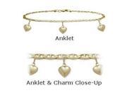 14K Yellow Gold 10 Flat Gucci Style 3 Heart Charm Anklet