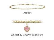 14K 10 Yellow Gold Flat Gucci Style Created 1.00 tcw. Tourmaline Pink Stone Heart Charm Anklet