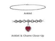 14 K 10 White Gold Belcher Style Created 0.90 tcw. Ruby Stone Heart Charm Anklet