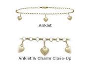 10K Yellow Gold 9 Belcher Style 3 Heart Charm Anklet