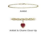 10K 10 Yellow Gold Flat Gucci Style Created 0.90 tcw. Ruby Stone Heart Charm Anklet