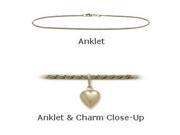 14K Yellow Gold 10 Solid Rope Style Anklet with 9mm Heart Charm