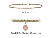 10K 10 Yellow Gold Wheat Style Created 1.00 tcw. Tourmaline Pink Stone Heart Charm Anklet