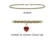 14K 9 Yellow Gold Wheat Style Created 0.90 tcw. Ruby Stone Heart Charm Anklet