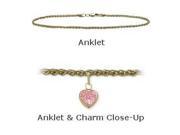 14K Yellow Gold 10 Wheat Style Created 1.00 tcw. Tourmaline Pink Stone Heart Charm Anklet