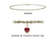 10 K 9 Yellow Gold Belcher Style Created 0.90 tcw. Ruby Stone Heart Charm Anklet