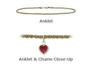 14K Yellow Gold 9 Wheat Style Created 0.90 tcw. Ruby Stone Heart Charm Anklet
