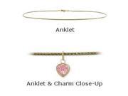 14 K Yellow Gold 10 Snake Style Created 1.00 tcw. Tourmaline Pink Stone Heart Charm Anklet