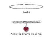 14K 10 White Gold Flat Gucci Style Created 0.90 tcw. Ruby Stone Heart Charm Anklet