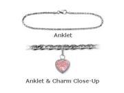 14K White Gold 9 Flat Gucci Style Created 1.00 tcw. Tourmaline Pink Stone Heart Charm Anklet