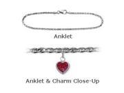 14K White Gold 9 Flat Gucci Style Created 0.90 tcw. Ruby Stone Heart Charm Anklet