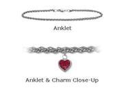 10K 9 White Gold Wheat Style Created 0.90 tcw. Ruby Stone Heart Charm Anklet