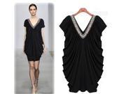 Women Sexy V neck Open Back Beaded Embellished Wrap Dress Black XL Size