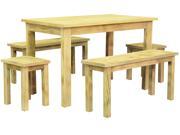 5pc Wooden Rectangular Dining Set with Table Benches Stools Natural Wood
