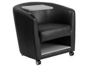 Black Leather Guest Chair with Tablet Arm Front Wheel Casters and Under Seat Storage
