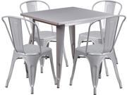 31.5 Inches Square Silver Metal Indoor Table Set with 4 Stack Chairs