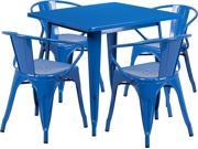 31.5 Inches Square Blue Metal Indoor Table Set with 4 Arm Chairs