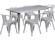 31.5 Inches x 63 Inches Rectangular Silver Metal Indoor Table Set with 6 Arm Chairs