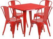 31.5 Inches Square Red Metal Indoor Table Set with 4 Stack Chairs