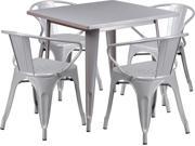 31.5 Inches Square Silver Metal Indoor Table Set with 4 Arm Chairs