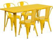 31.5 Inches x 63 Inches Rectangular Yellow Metal Indoor Table Set with 4 Stack Chairs