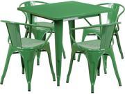 31.5 Inches Square Green Metal Indoor Table Set with 4 Arm Chairs