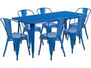 31.5 Inches x 63 Inches Rectangular Blue Metal Indoor Table Set with 6 Stack Chairs