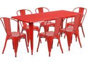 31.5 Inches x 63 Inches Rectangular Red Metal Indoor Table Set with 6 Stack Chairs