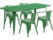 31.5 Inches x 63 Inches Rectangular Green Metal Indoor Table Set with 4 Arm Chairs