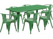 31.5 Inches x 63 Inches Rectangular Green Metal Indoor Table Set with 6 Arm Chairs