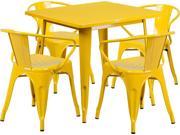 31.5 Inches Square Yellow Metal Indoor Table Set with 4 Arm Chairs